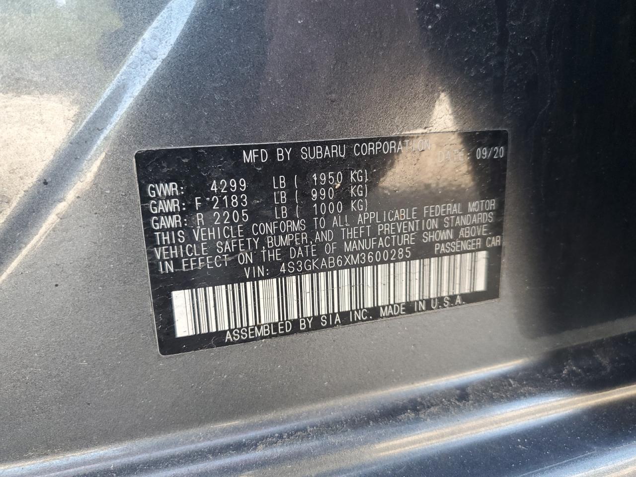 2021 Subaru Impreza VIN: 4S3GKAB6XM3600285 Lot: 65210205