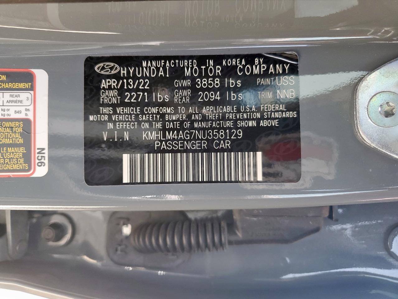2022 Hyundai Elantra Sel VIN: KMHLM4AG7NU358129 Lot: 63372525