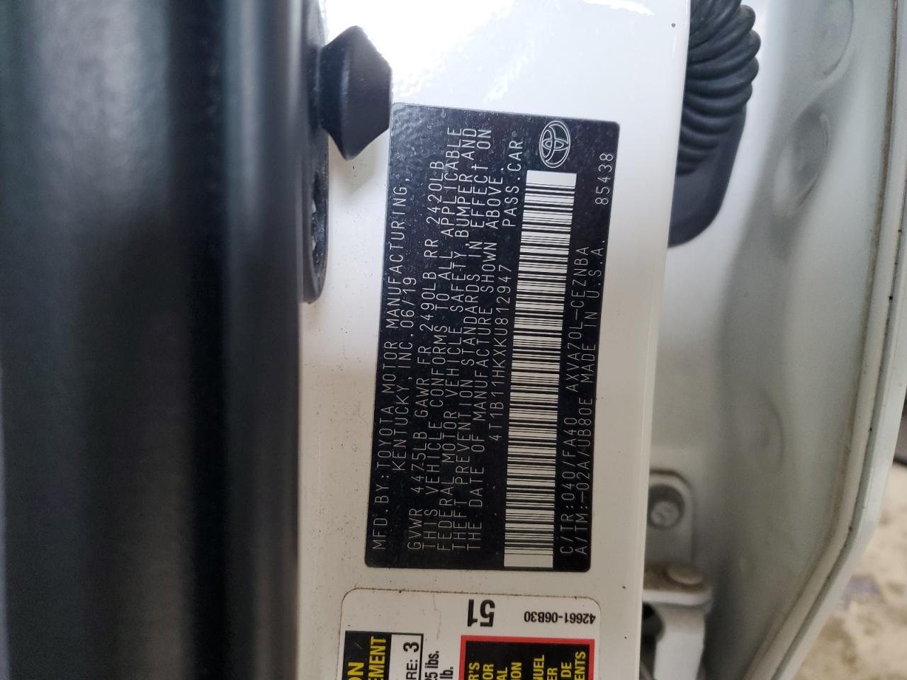 2019 Toyota Camry L VIN: 4T1B11HKXKU812947 Lot: 63206205