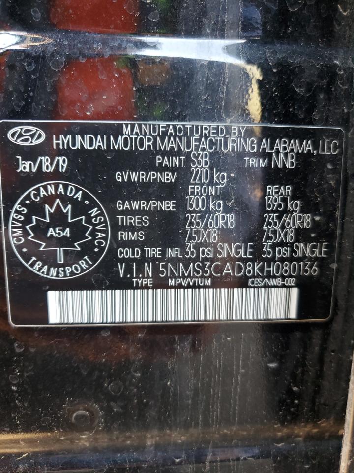 2019 Hyundai Santa Fe Sel VIN: 5NMS3CAD8KH080136 Lot: 63030515
