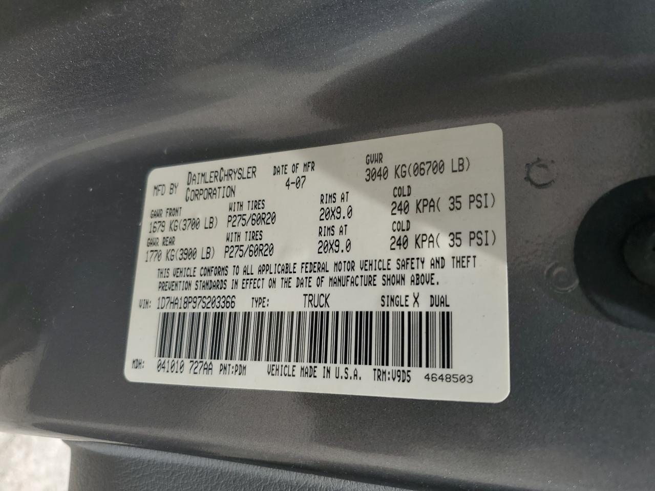 2007 Dodge Ram 1500 St VIN: 1D7HA18P97S203366 Lot: 65455485