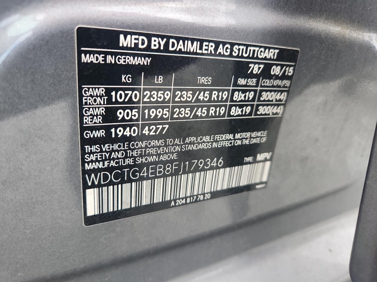 2015 Mercedes-Benz Gla 250 VIN: WDCTG4EB8FJ179346 Lot: 63619495