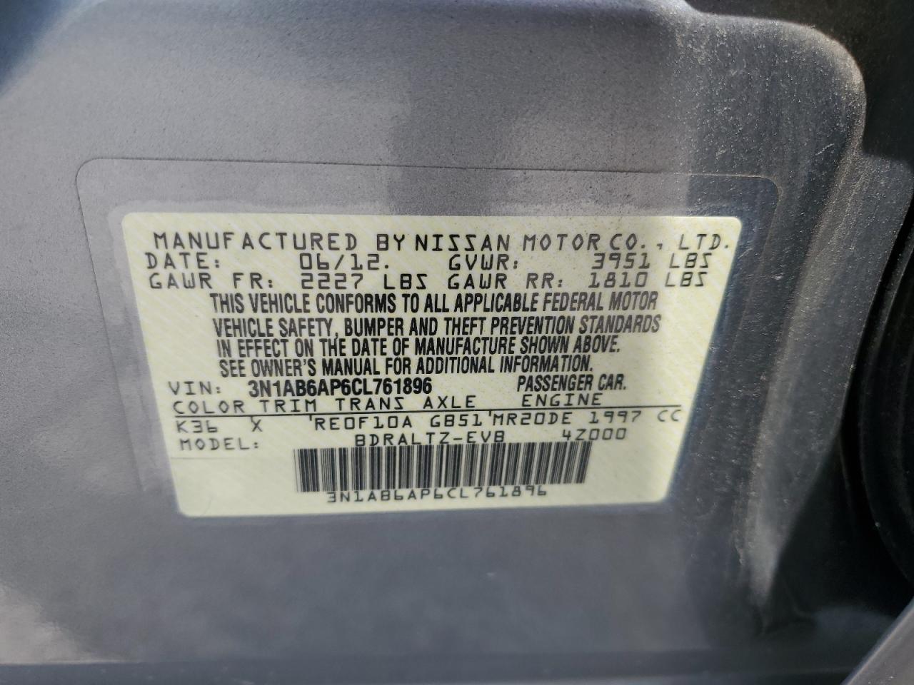 2012 Nissan Sentra 2.0 VIN: 3N1AB6AP6CL761896 Lot: 63064605