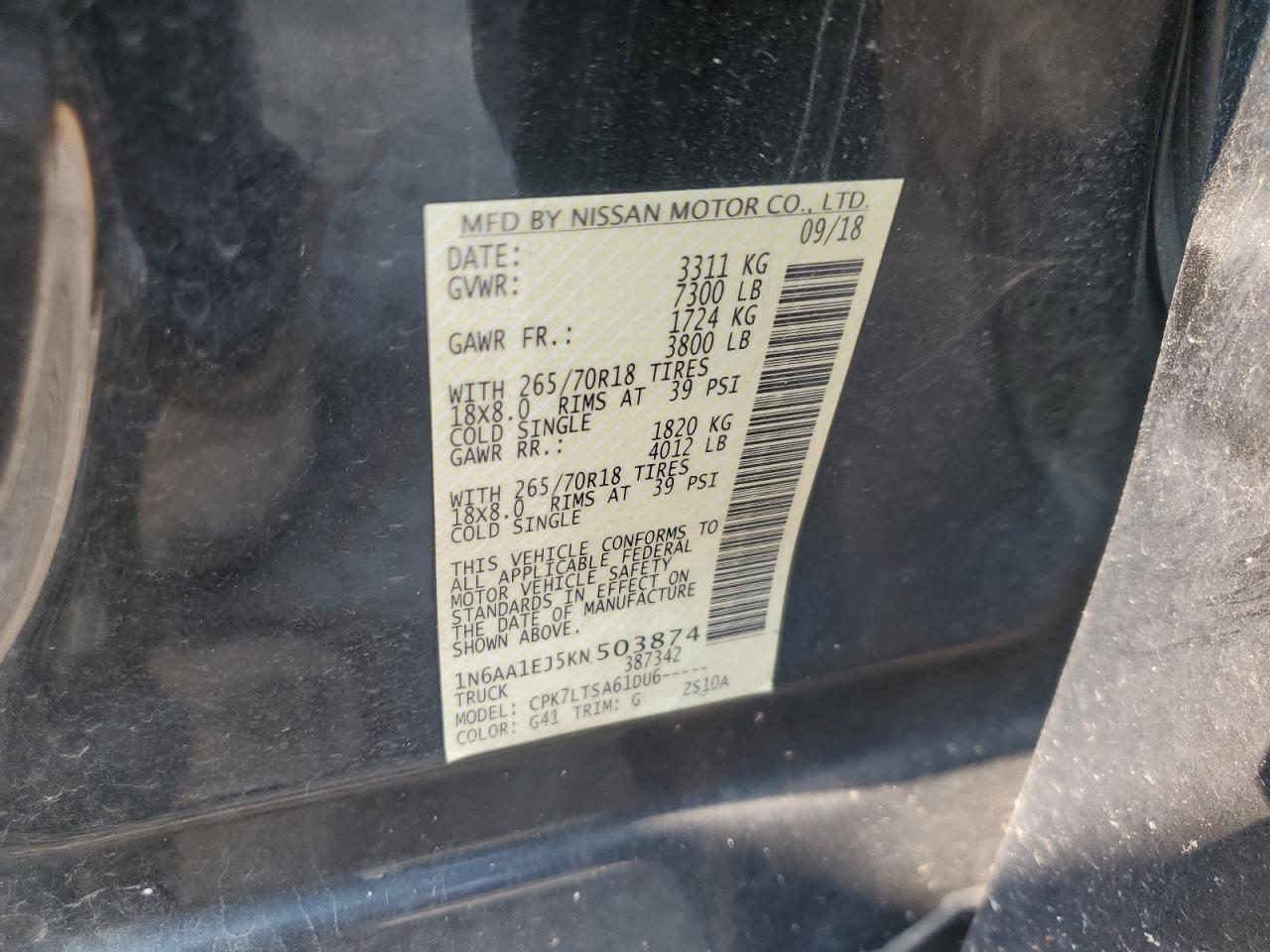 2019 Nissan Titan S VIN: 1N6AA1EJ5KN503874 Lot: 63507195