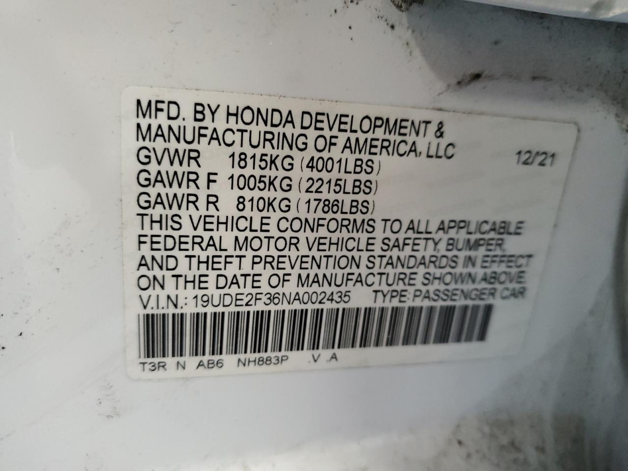 19ude2f36na002435 19UDE2F36NA002435 2022 Acura Ilx
