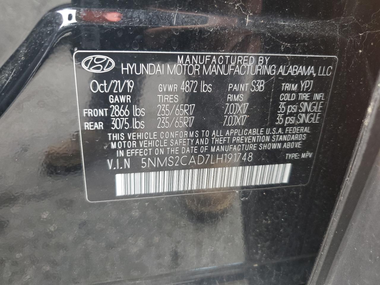 2020 Hyundai Santa Fe Se VIN: 5NMS2CAD7LH191748 Lot: 63730005