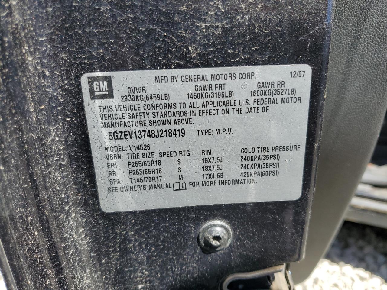 2008 Saturn Outlook Xe VIN: 5GZEV13748J218419 Lot: 63070145