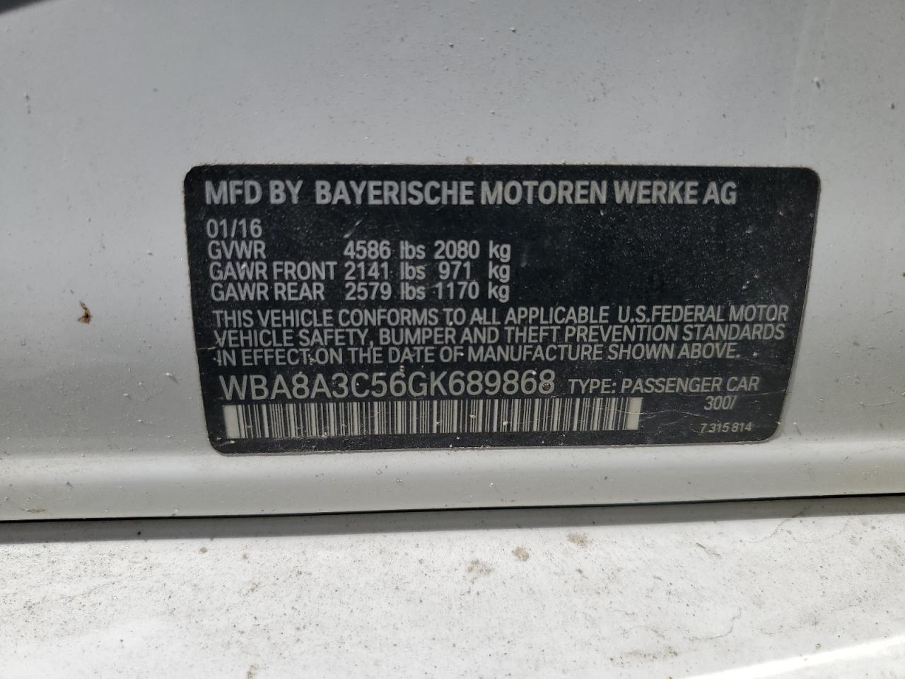2016 BMW 320 Xi VIN: WBA8A3C56GK689868 Lot: 64849865