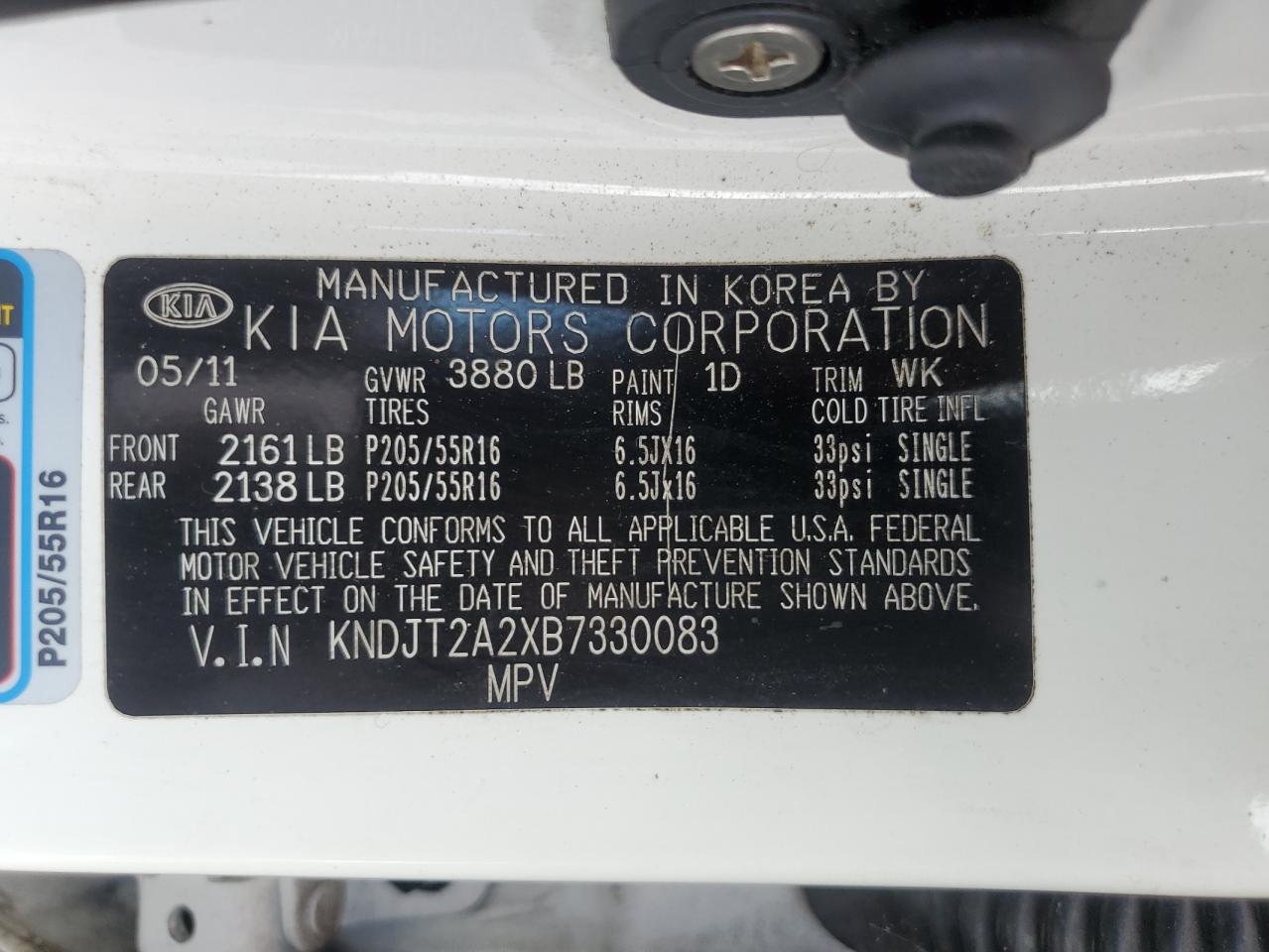 2011 Kia Soul + VIN: KNDJT2A2XB7330083 Lot: 62761245