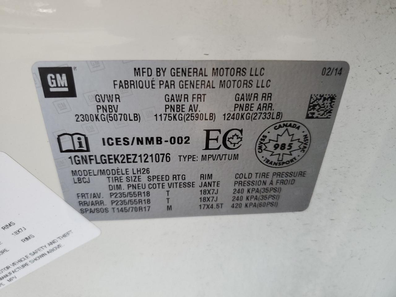 2014 Chevrolet Equinox Lt VIN: 1GNFLGEK2EZ121076 Lot: 64631115