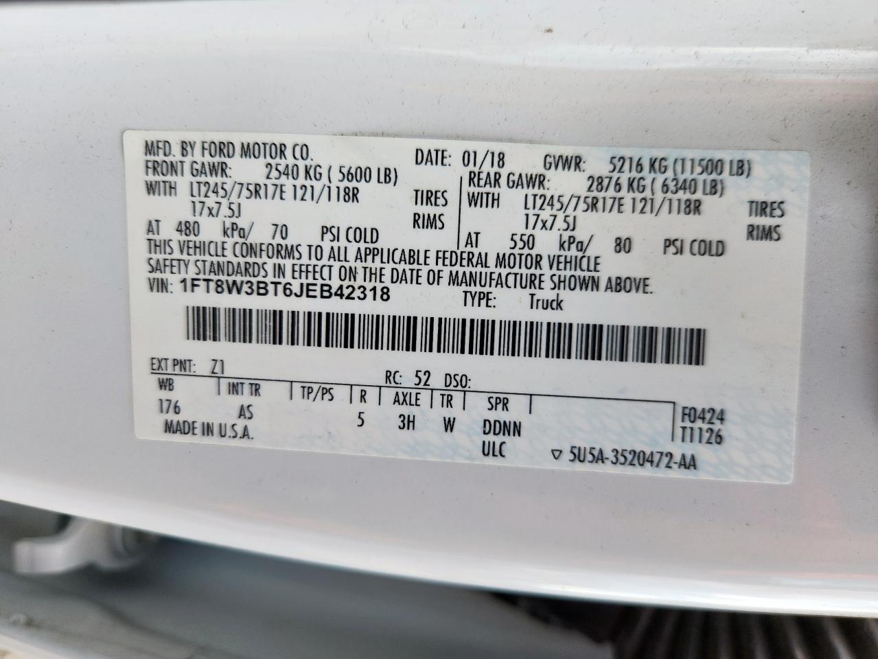 2018 Ford F350 Super Duty VIN: 1FT8W3BT6JEB42318 Lot: 64114365