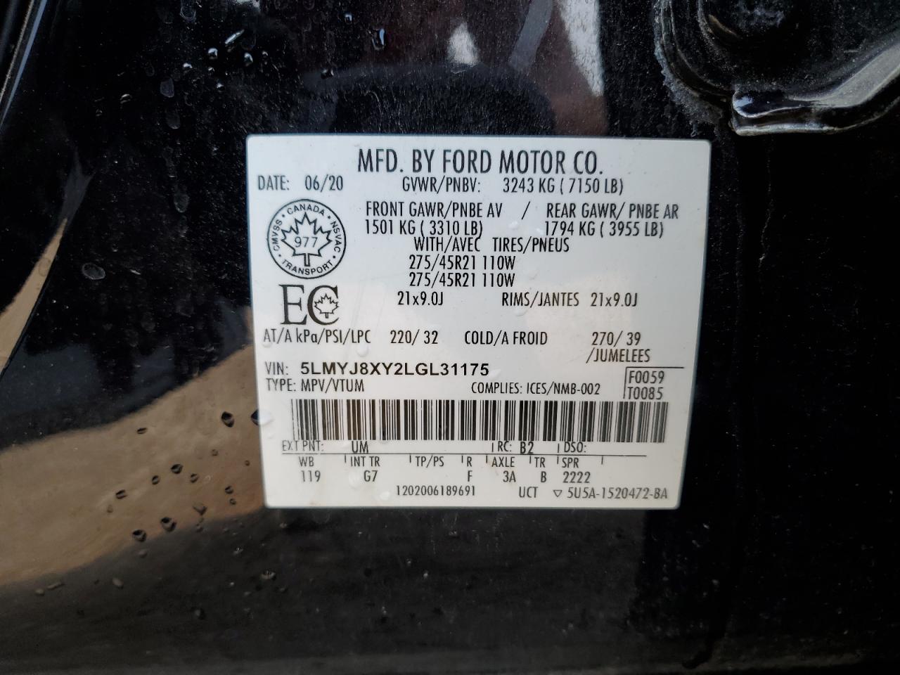 2020 Lincoln Aviator Grand Touring VIN: 5LMYJ8XY2LGL31175 Lot: 66185915