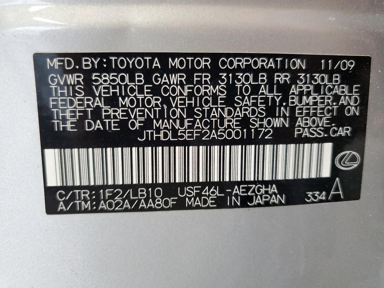 2010 Lexus Ls 460L VIN: JTHDL5EF2A5001172 Lot: 65039265