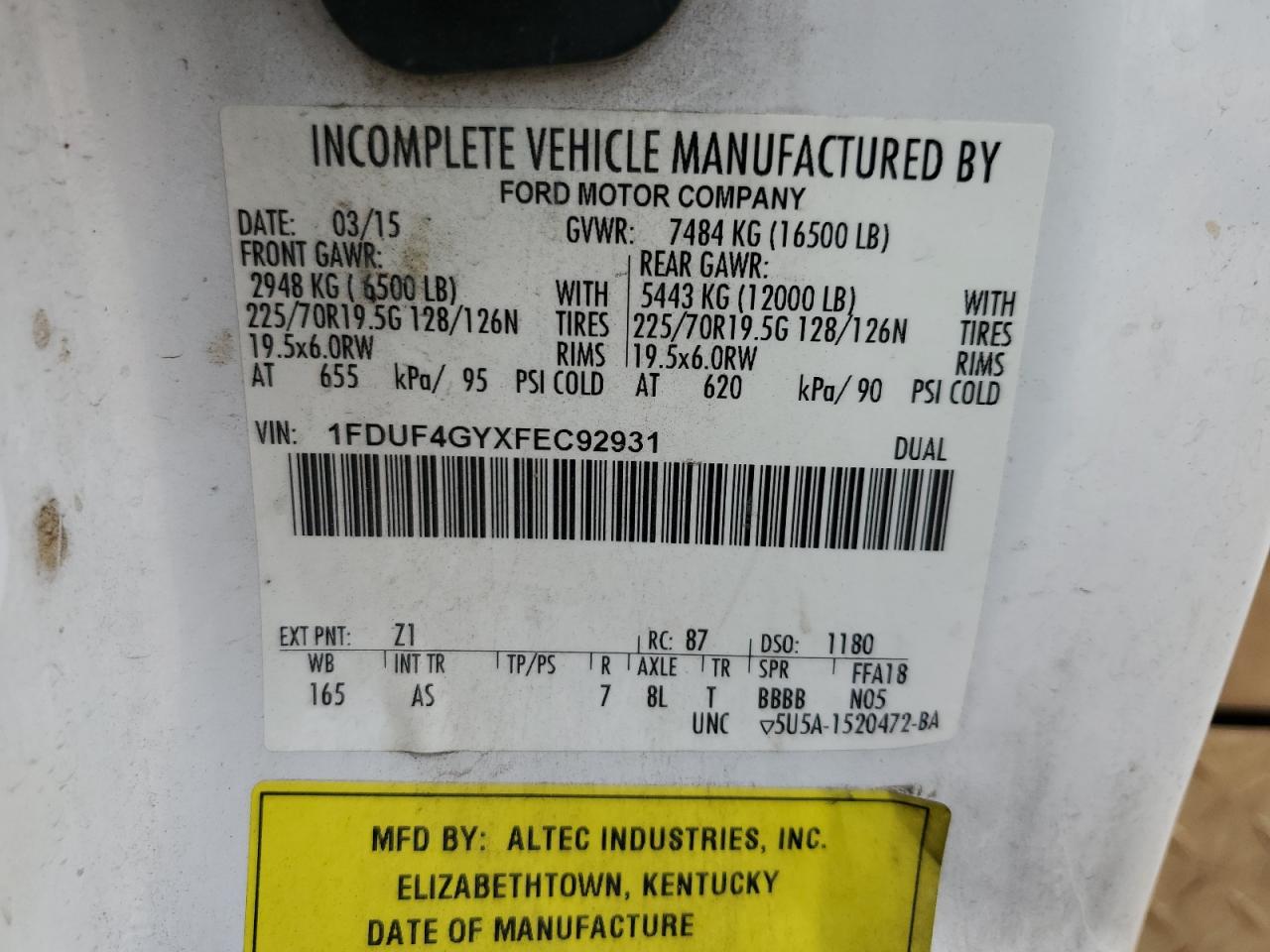 2015 Ford F450 Super Duty VIN: 1FDUF4GYXFEC92931 Lot: 61363995
