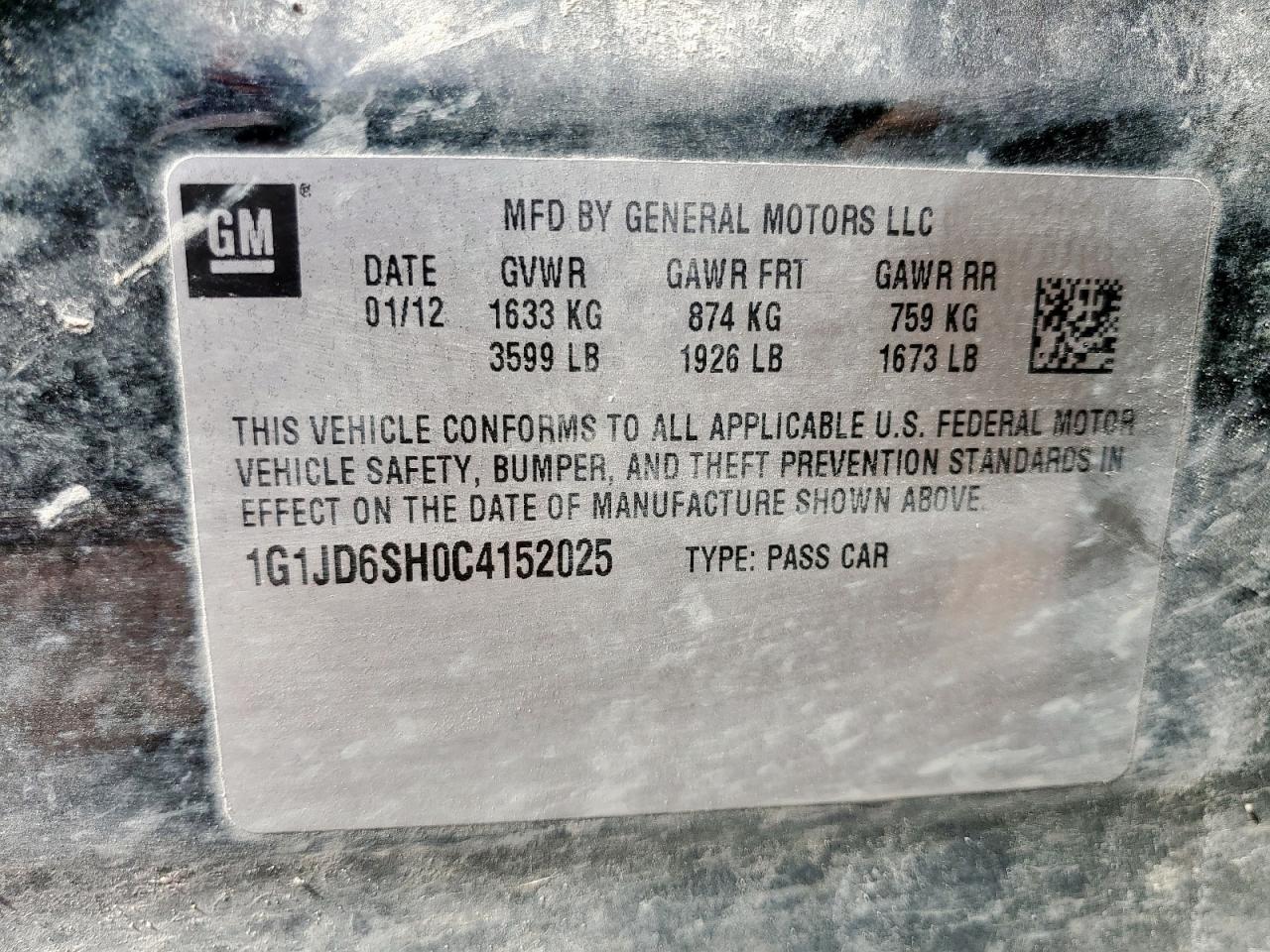 2012 Chevrolet Sonic Lt VIN: 1G1JD6SH0C4152025 Lot: 65154675