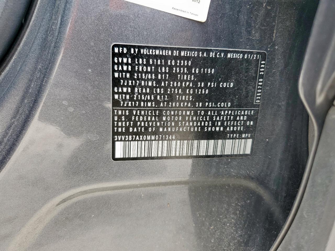 2021 Volkswagen Tiguan Se VIN: 3VV3B7AX0MM071344 Lot: 65445345
