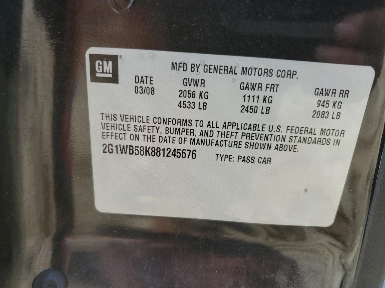 2008 Chevrolet Impala Ls VIN: 2G1WB58K881245676 Lot: 63613865