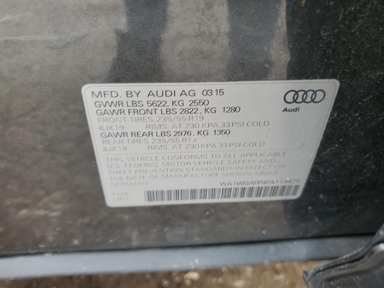 2015 Audi Q5 Prestige VIN: WA1WGAFP4FA119425 Lot: 62416105