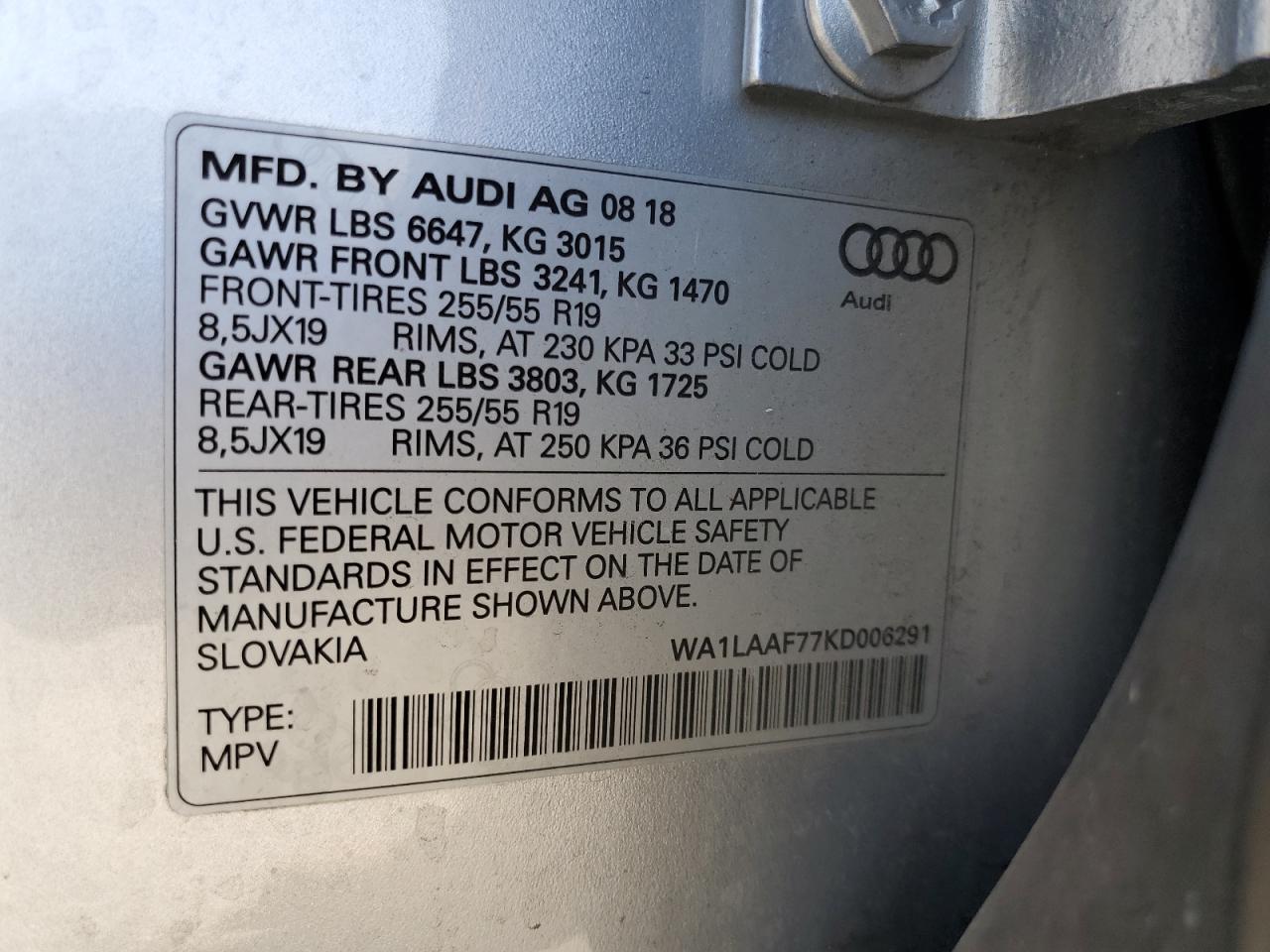 2019 Audi Q7 Premium Plus VIN: WA1LAAF77KD006291 Lot: 62151185