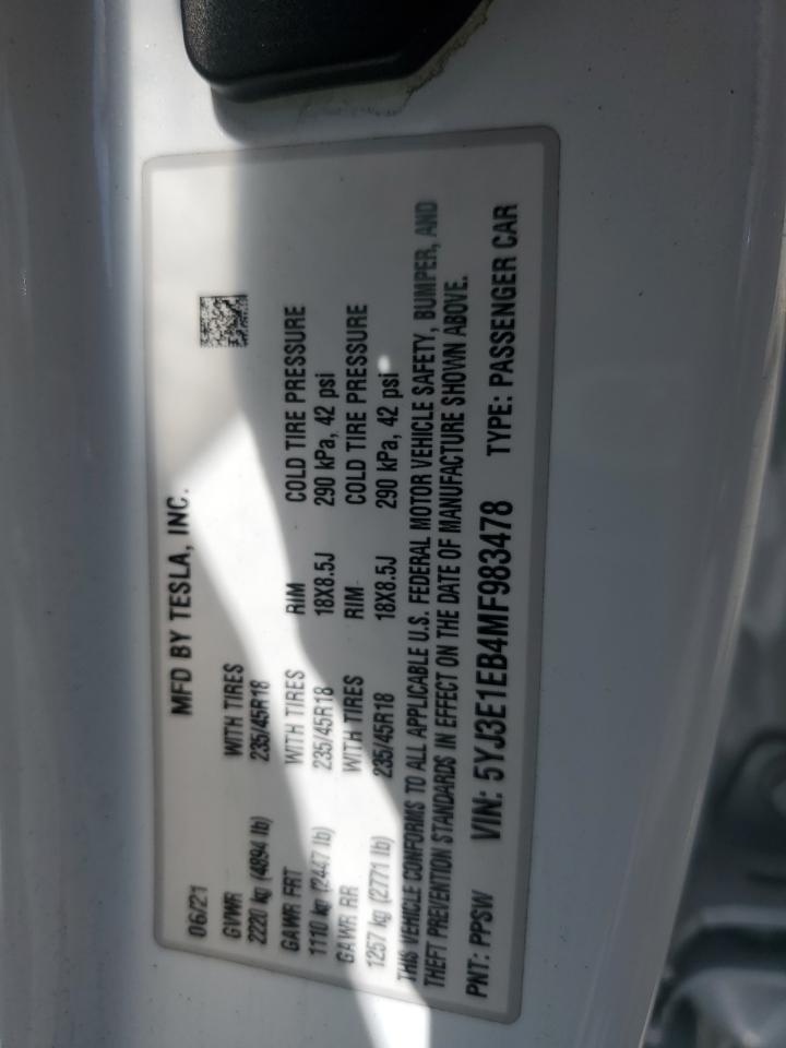 2021 Tesla Model 3 VIN: 5YJ3E1EB4MF983478 Lot: 63905435