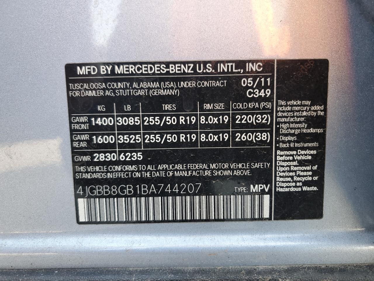 2011 Mercedes-Benz Ml 350 4Matic VIN: 4JGBB8GB1BA744207 Lot: 65153555