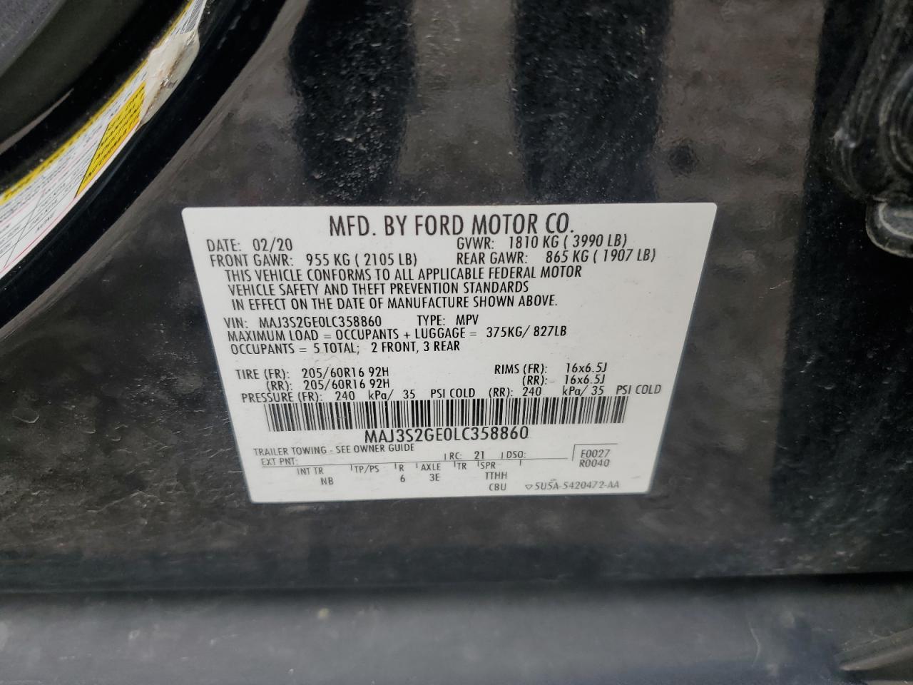 MAJ3S2GE0LC358860 2020 Ford Ecosport Se