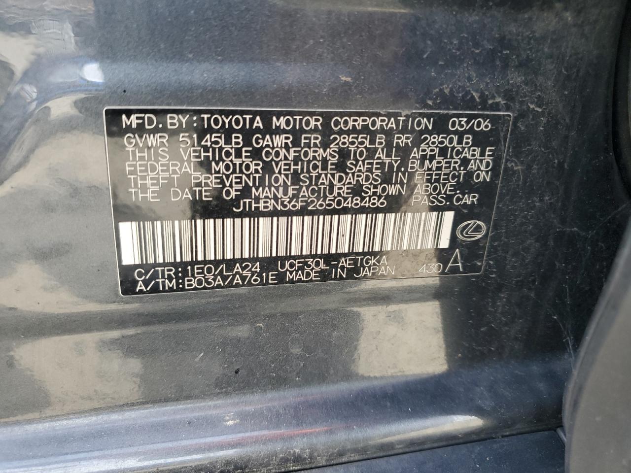 2006 Lexus Ls 430 VIN: JTHBN36F265048486 Lot: 65284195