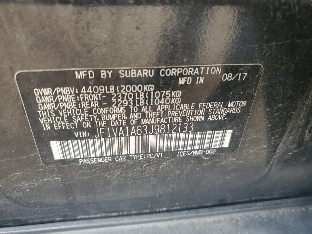 2018 Subaru Wrx VIN: JF1VA1A63J9812133 Lot: 65337335