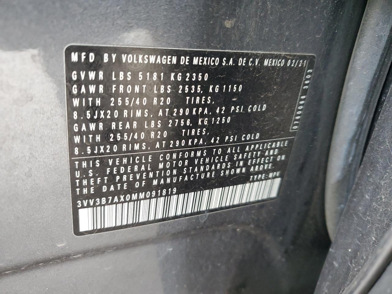 2021 Volkswagen Tiguan Se VIN: 3VV3B7AX0MM091819 Lot: 65058395