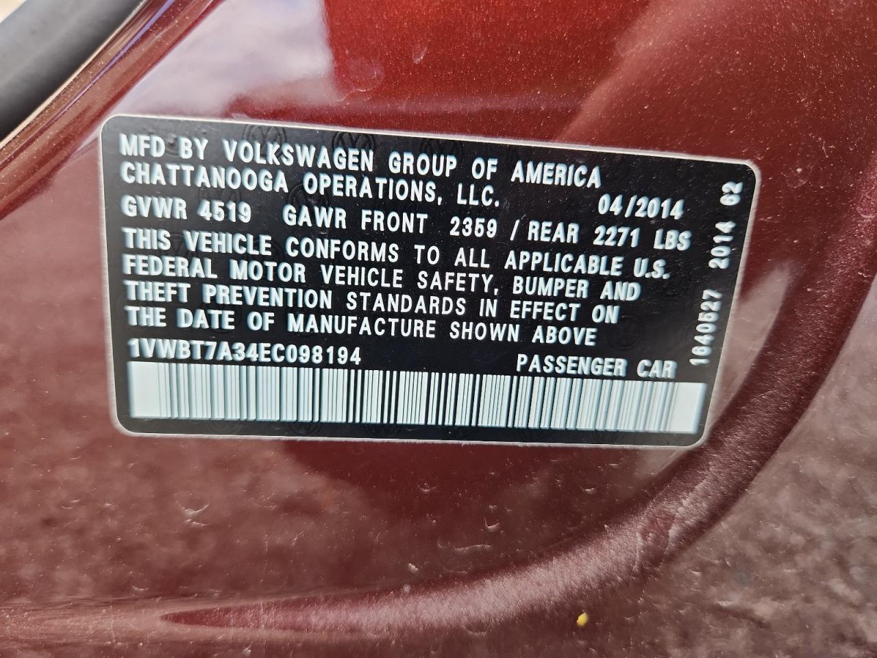 2014 Volkswagen Passat Se VIN: 1VWBT7A34EC098194 Lot: 64900665