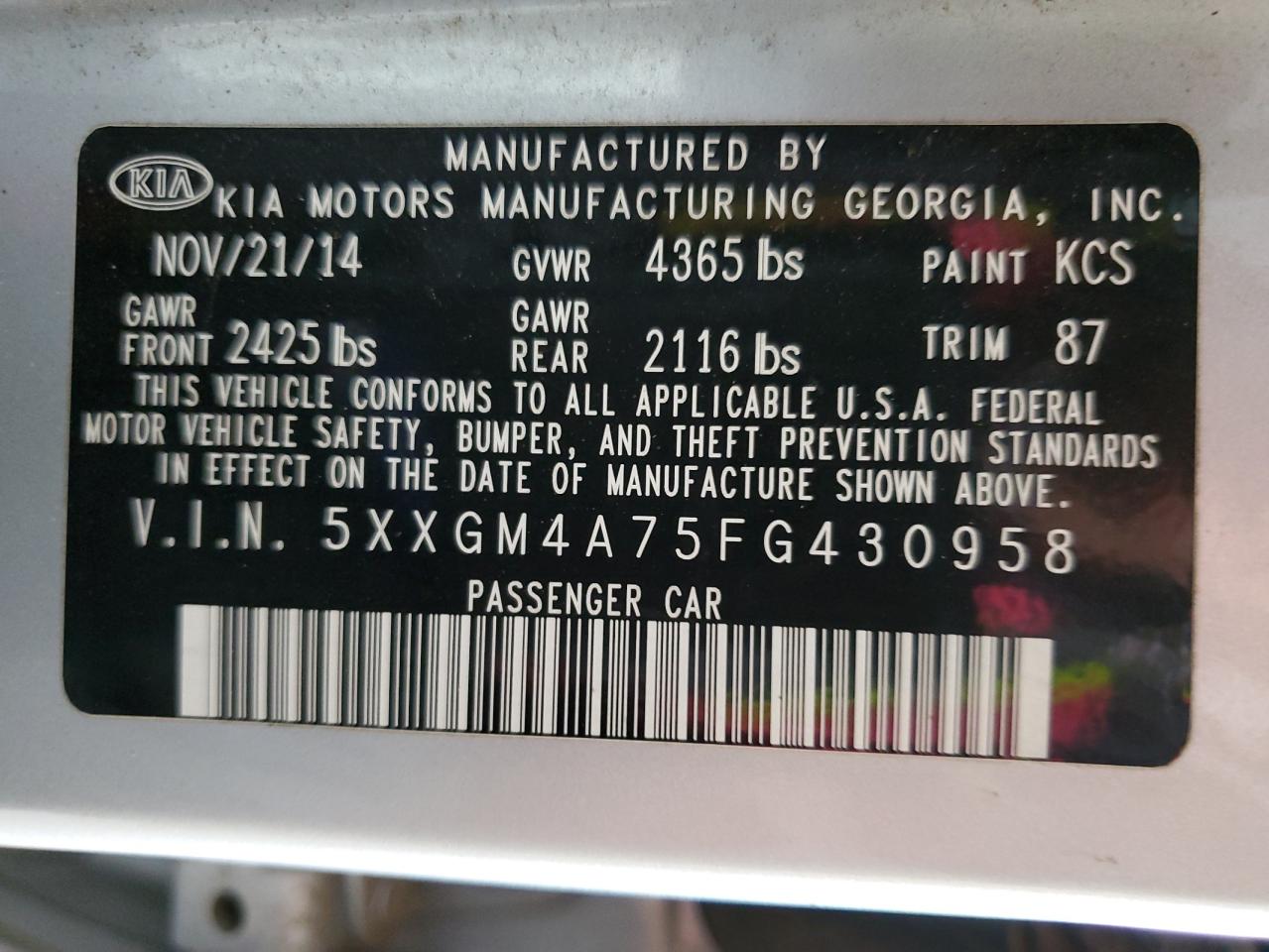 2015 Kia Optima Lx VIN: 5XXGM4A75FG430958 Lot: 64925205