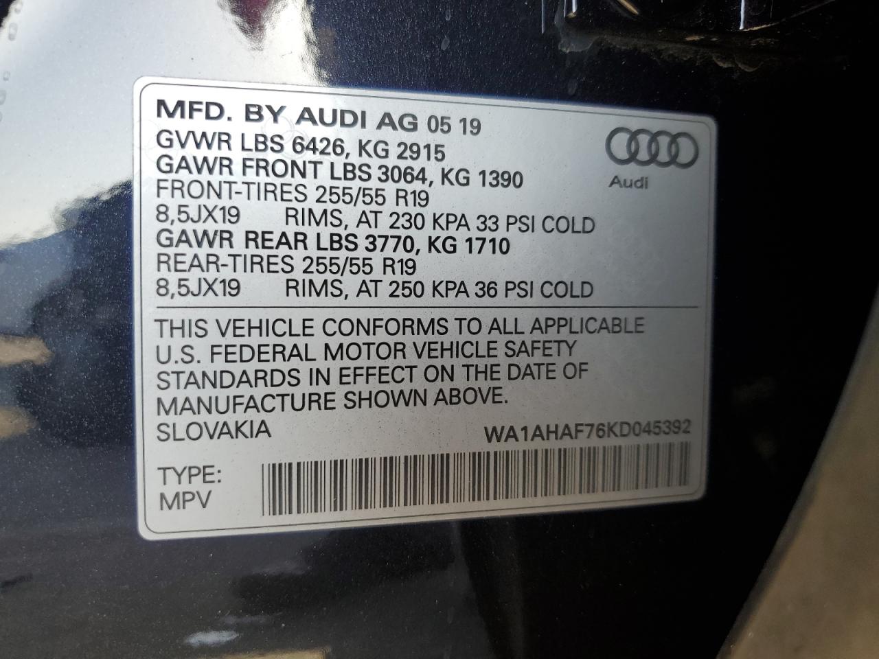 2019 Audi Q7 Premium VIN: WA1AHAF76KD045392 Lot: 64228205