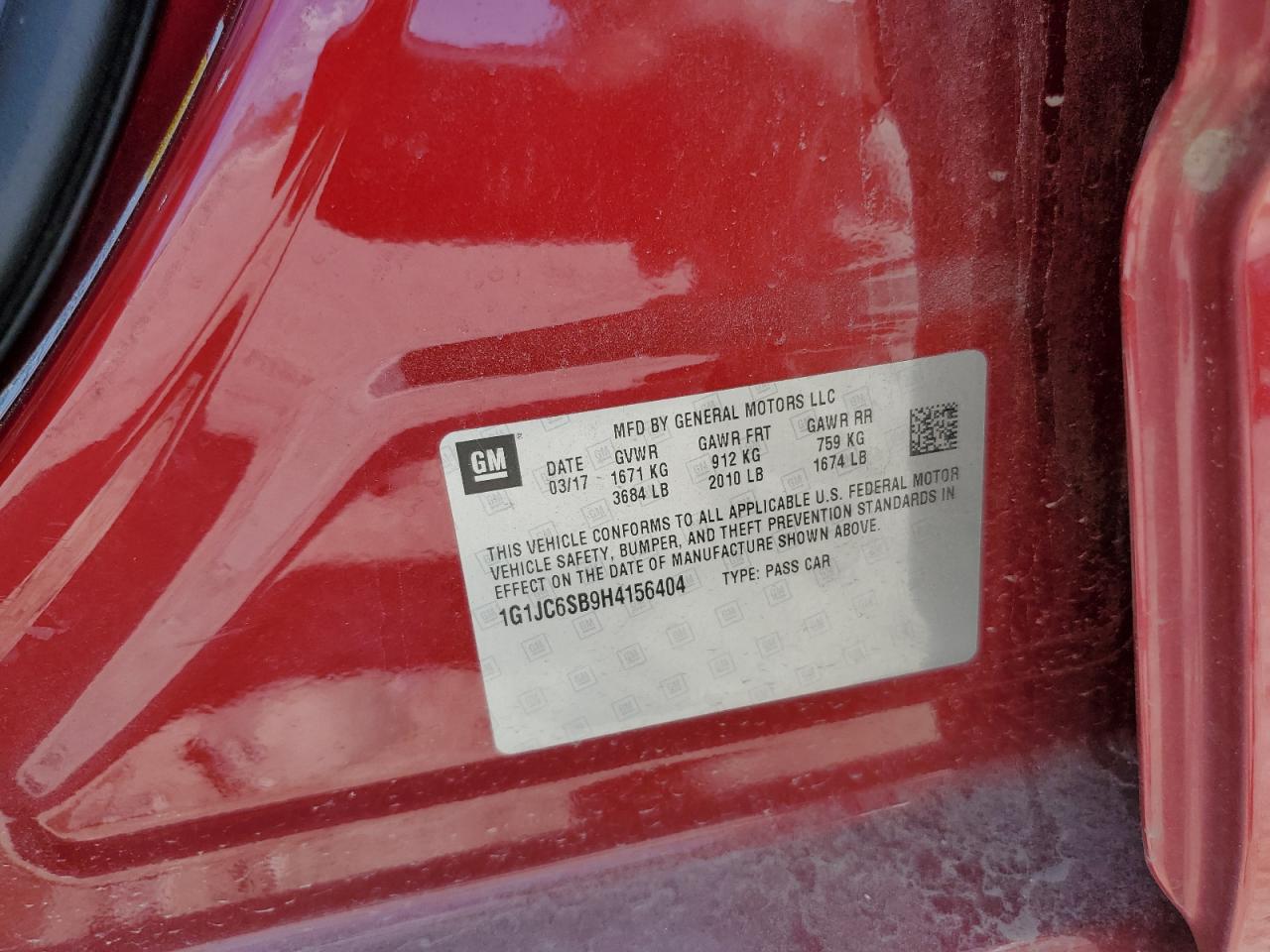 2017 Chevrolet Sonic Lt VIN: 1G1JC6SB9H4156404 Lot: 65724085