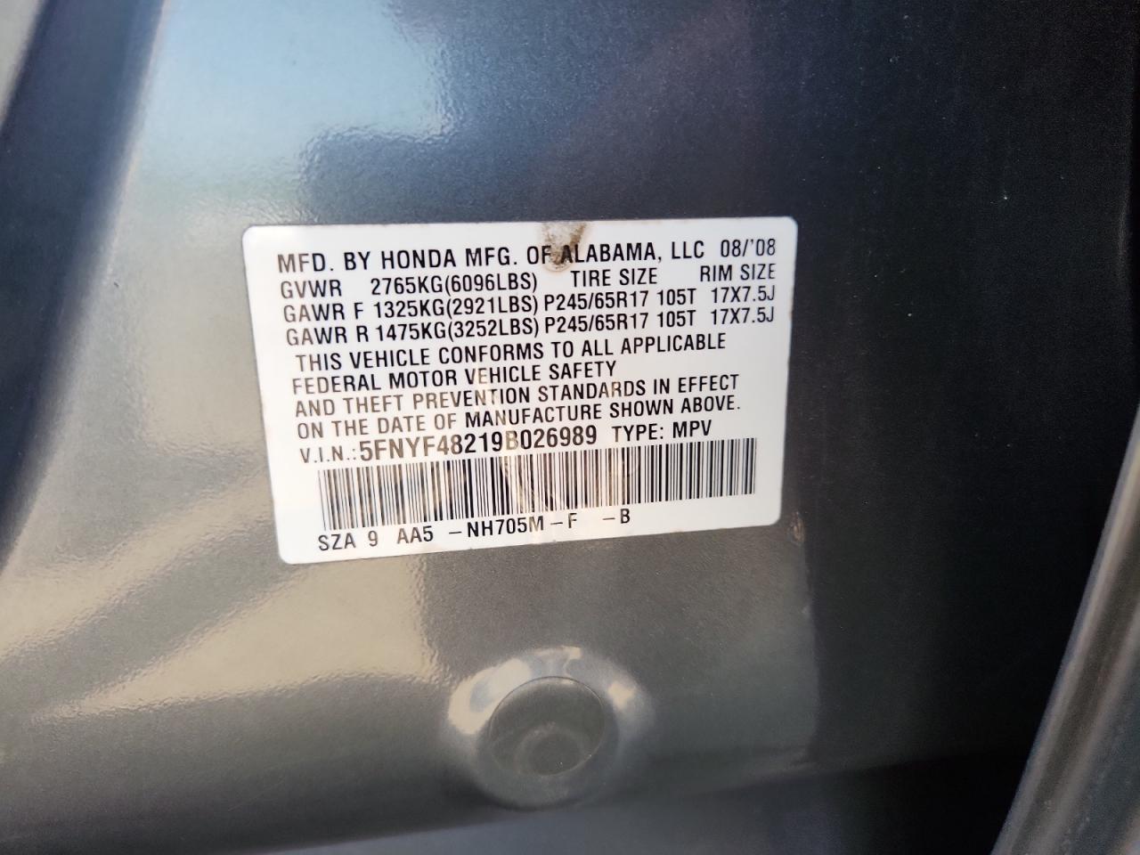 2009 Honda Pilot Lx VIN: 5FNYF48219B026989 Lot: 65070495