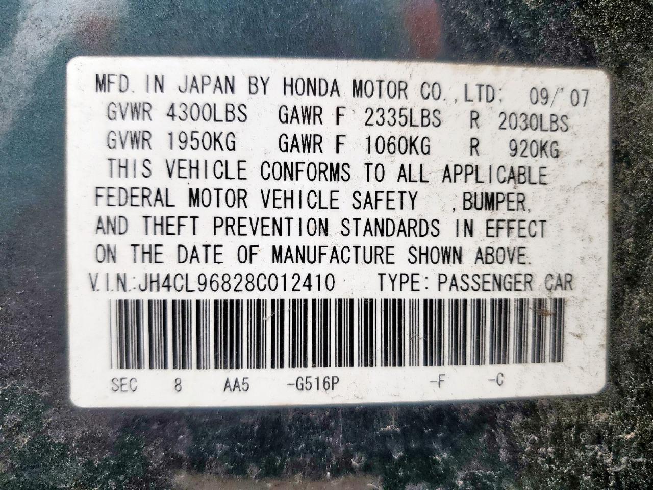 2008 Acura Tsx VIN: JH4CL96828C012410 Lot: 65809295