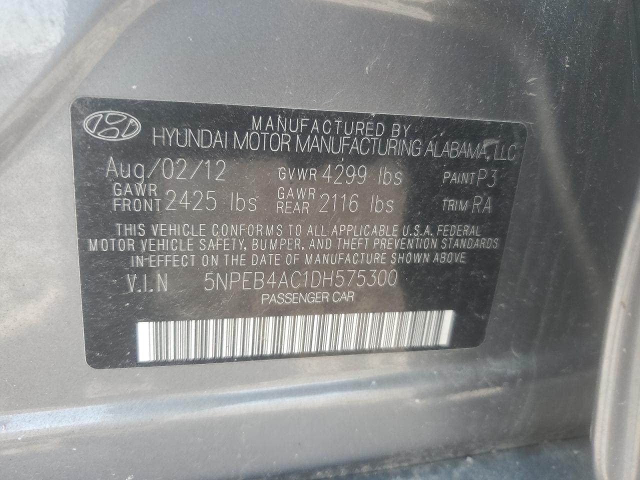 2013 Hyundai Sonata Gls VIN: 5NPEB4AC1DH575300 Lot: 63093835