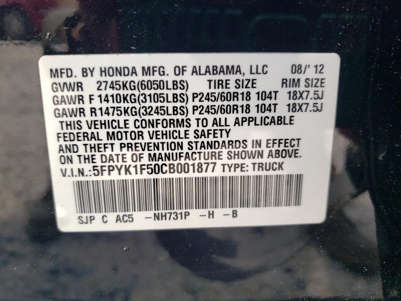 2012 Honda Ridgeline Rtl VIN: 5FPYK1F50CB001877 Lot: 64188965