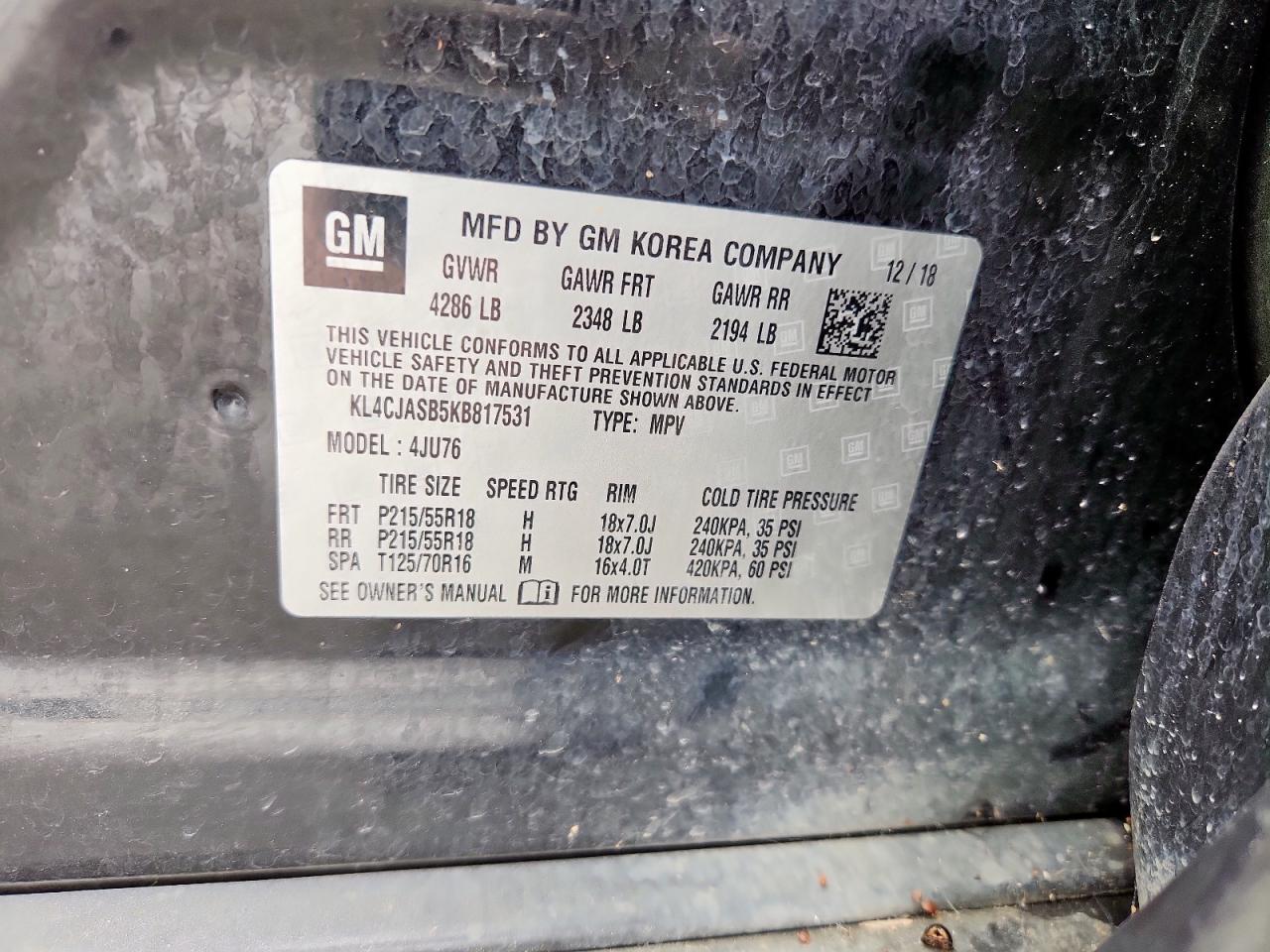 2019 Buick Encore Preferred VIN: KL4CJASB5KB817531 Lot: 63841475