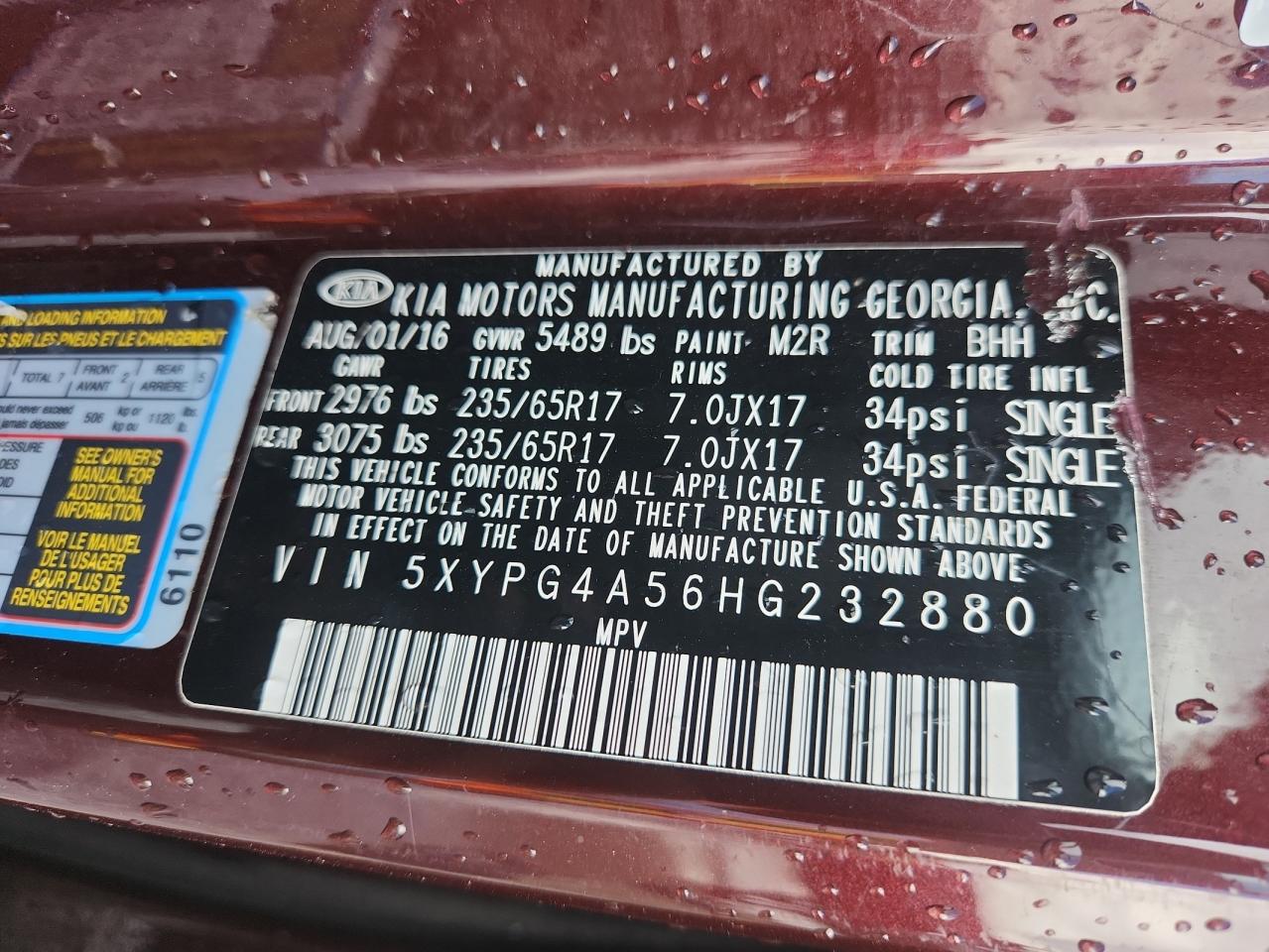 2017 Kia Sorento Lx VIN: 5XYPG4A56HG232880 Lot: 64356535