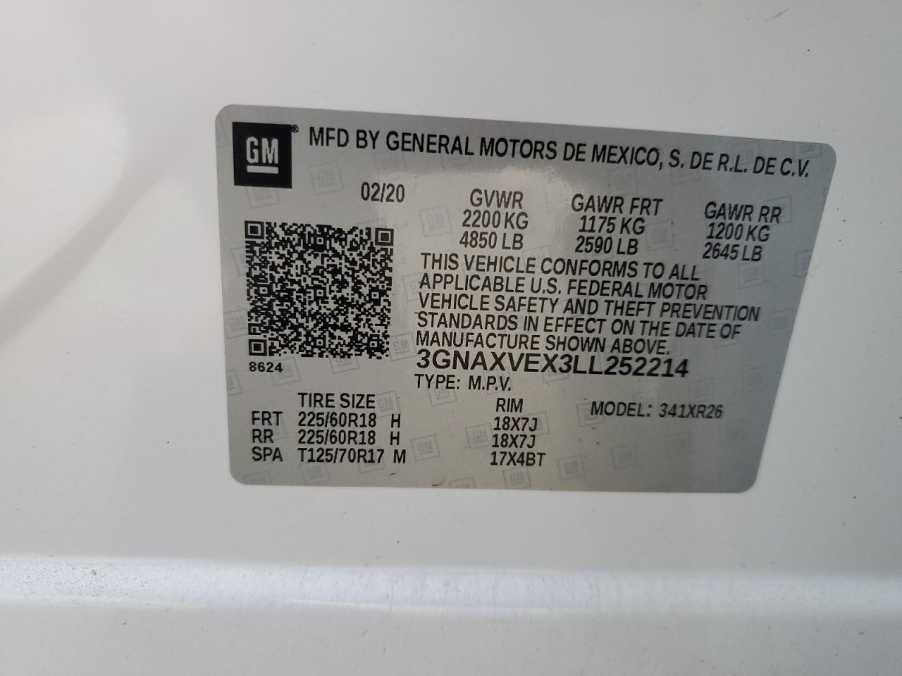 2020 Chevrolet Equinox Lt VIN: 3GNAXVEX3LL252214 Lot: 65615505
