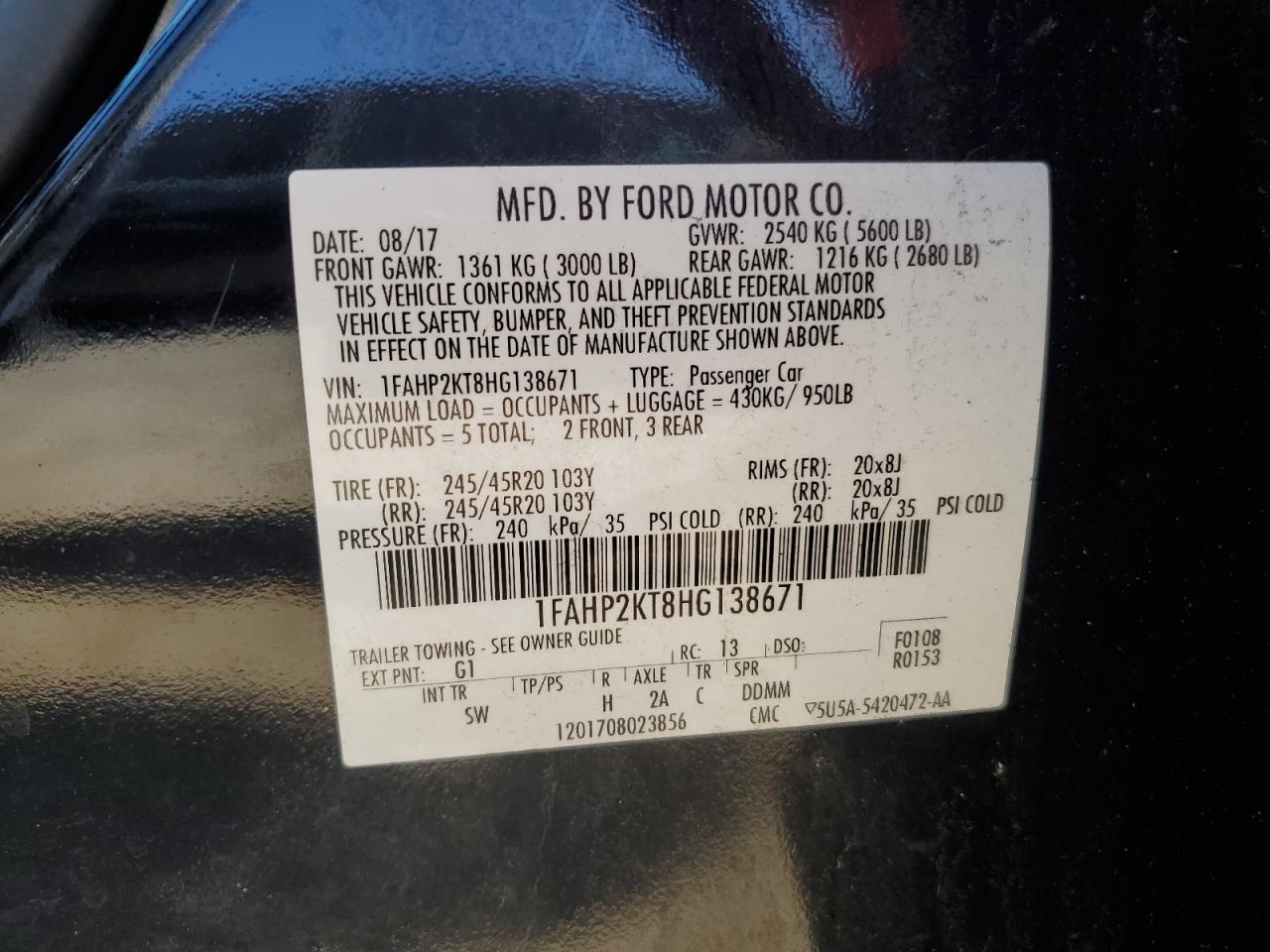 2017 Ford Taurus Sho VIN: 1FAHP2KT8HG138671 Lot: 65774705