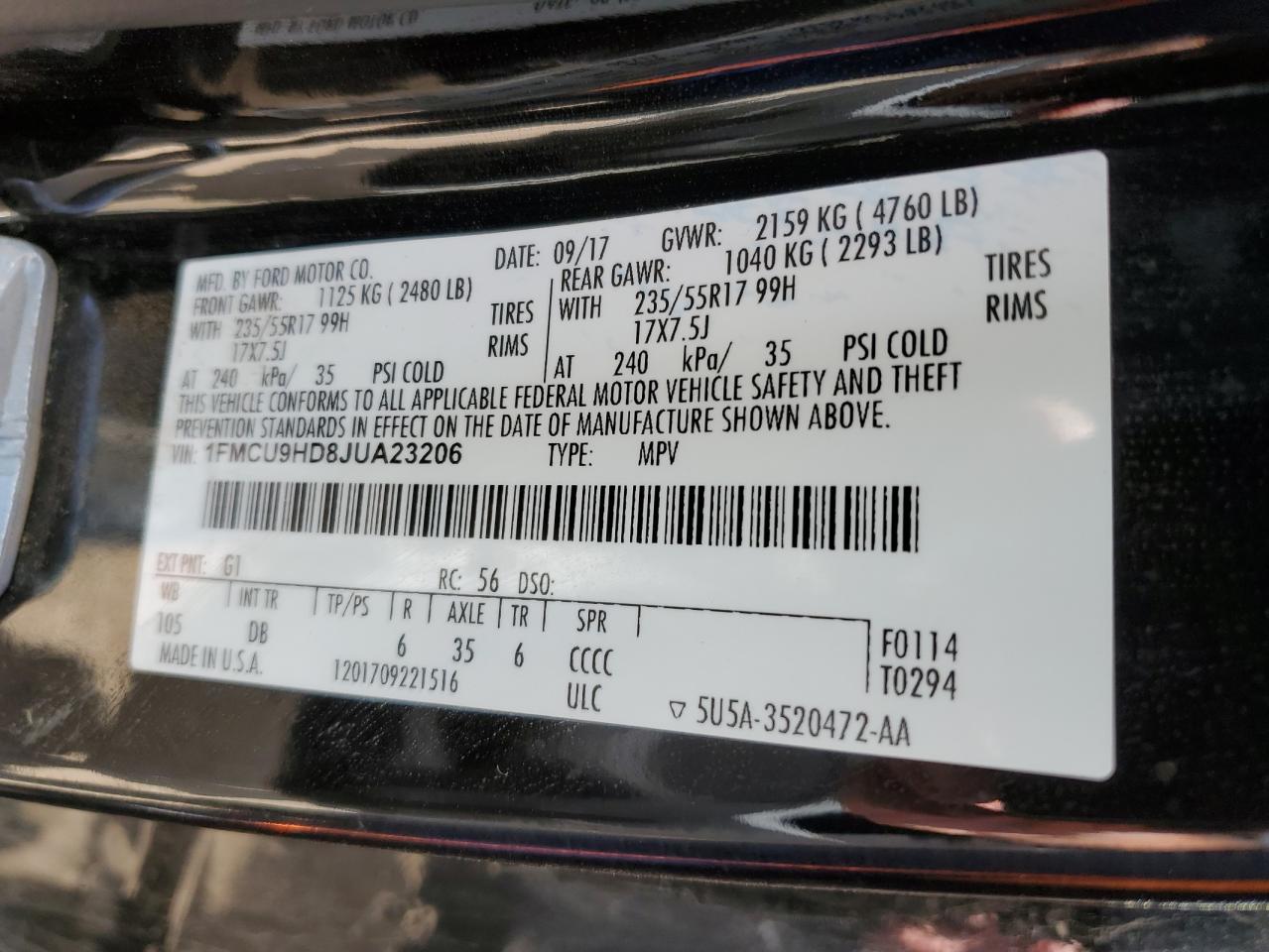 2018 Ford Escape Sel VIN: 1FMCU9HD8JUA23206 Lot: 63643075