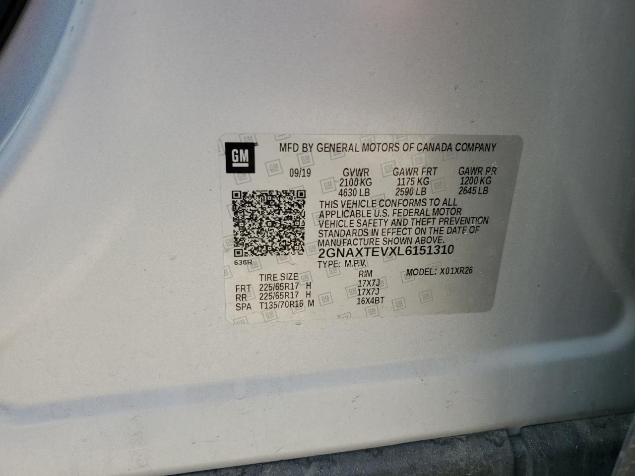 2020 Chevrolet Equinox Lt VIN: 2GNAXTEVXL6151310 Lot: 62934275