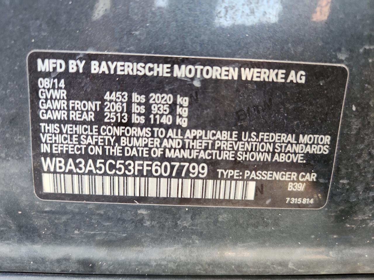 2015 BMW 328 I VIN: WBA3A5C53FF607799 Lot: 64905315