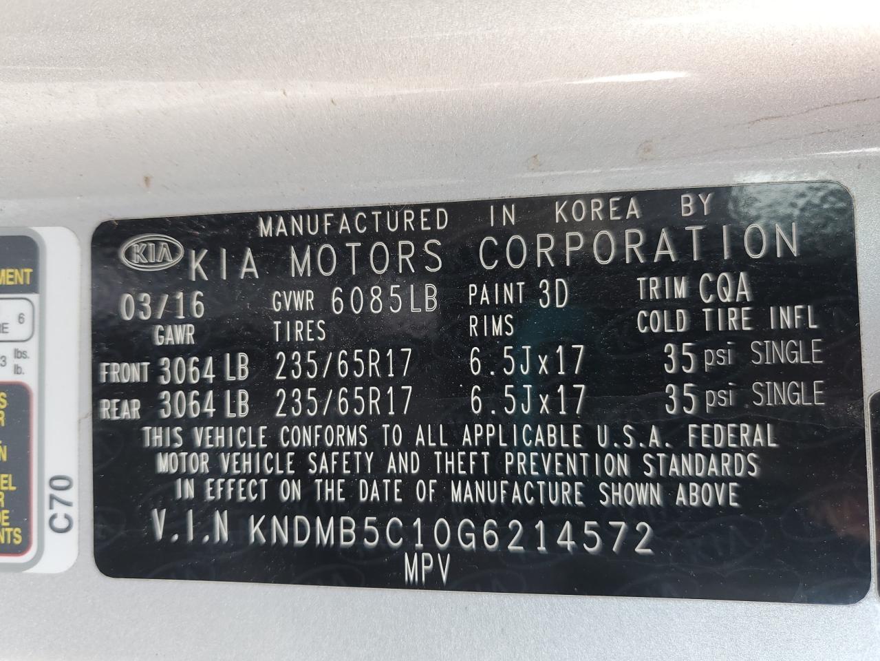 2016 Kia Sedona Lx VIN: KNDMB5C10G6214572 Lot: 64670905