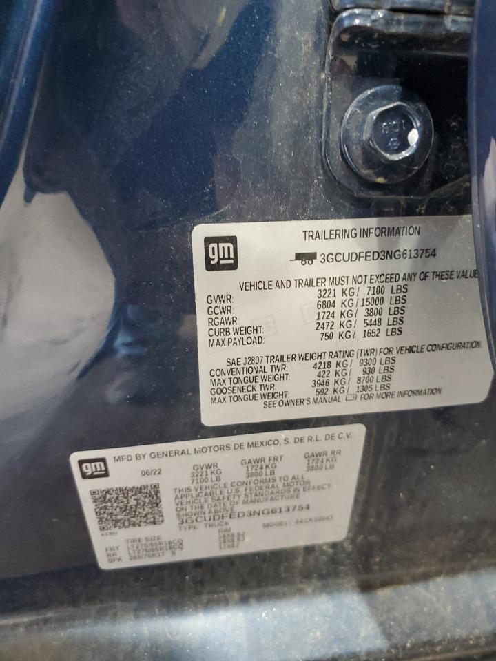 2022 Chevrolet Silverado K1500 Lt Trail Boss VIN: 3GCUDFED3NG613754 Lot: 63392535