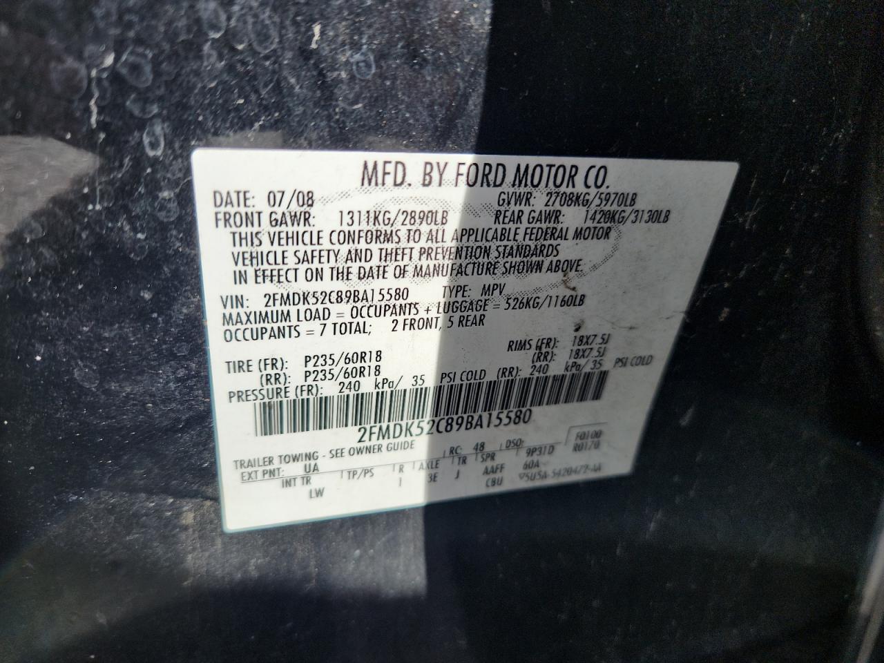 2009 Ford Flex Sel VIN: 2FMDK52C89BA15580 Lot: 63373215