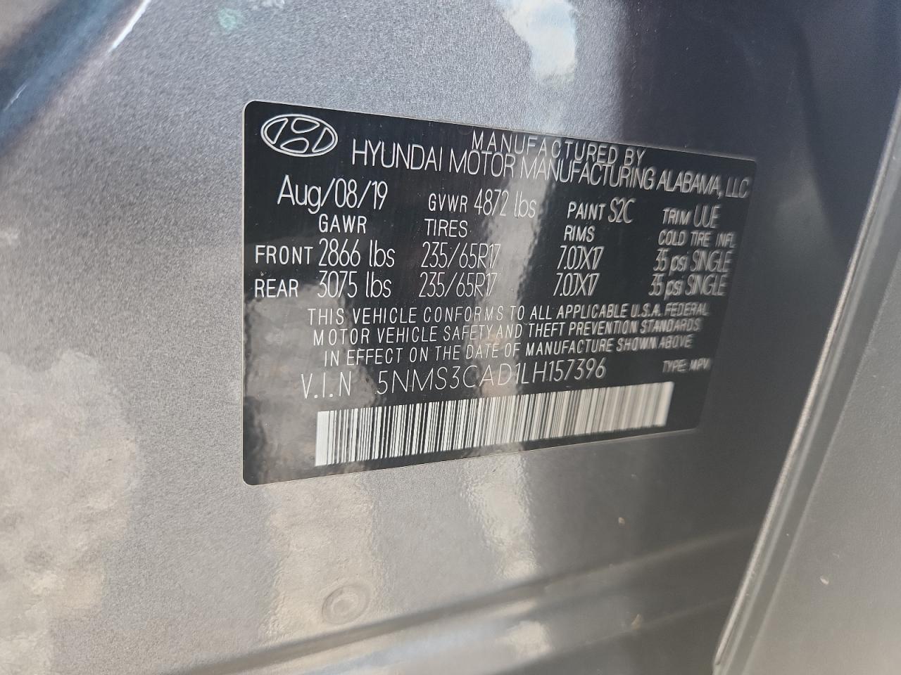 2020 Hyundai Santa Fe Sel VIN: 5NMS3CAD1LH157396 Lot: 63651175