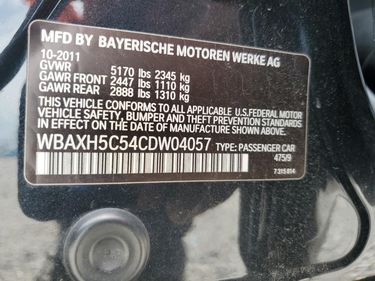 2012 BMW 528 Xi VIN: WBAXH5C54CDW04057 Lot: 64316295