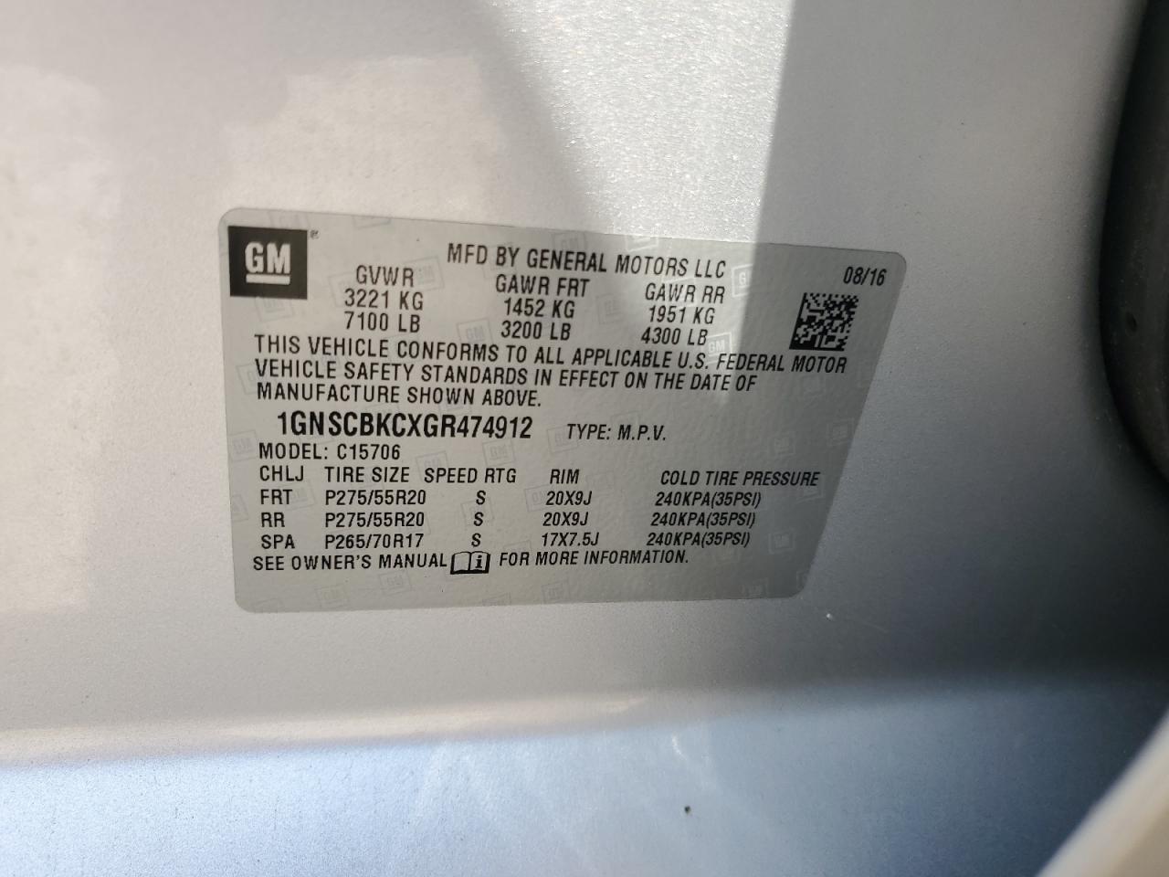 2016 Chevrolet Tahoe C1500 Lt VIN: 1GNSCBKCXGR474912 Lot: 65557265